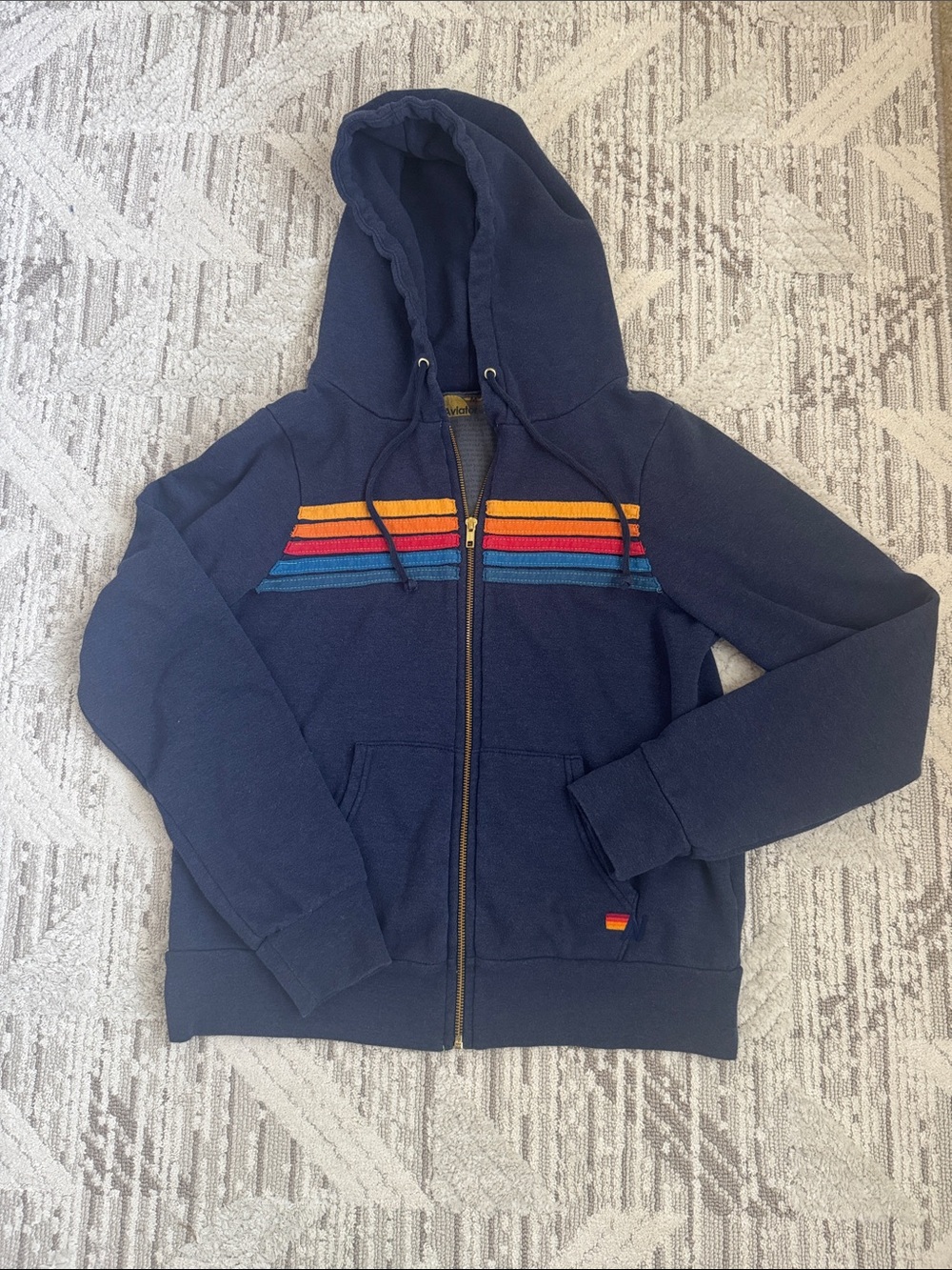 Aviator Nation Navy Zip-Up Hoodie with Retro Multicolor Stripe